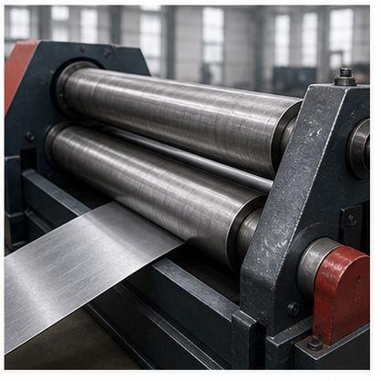 Calandra industrial curvando chapa de aço