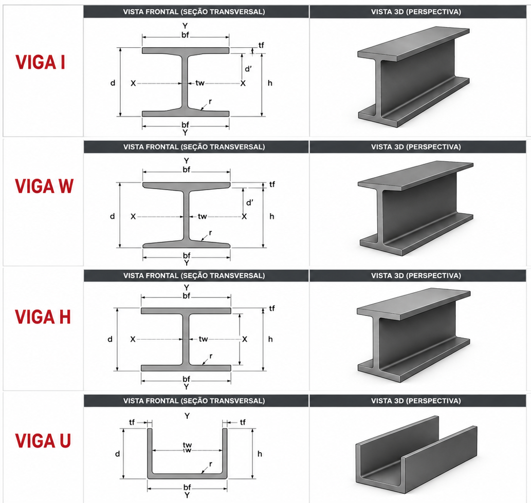 Referência técnica com vistas frontal e 3D das vigas I, W, H e U